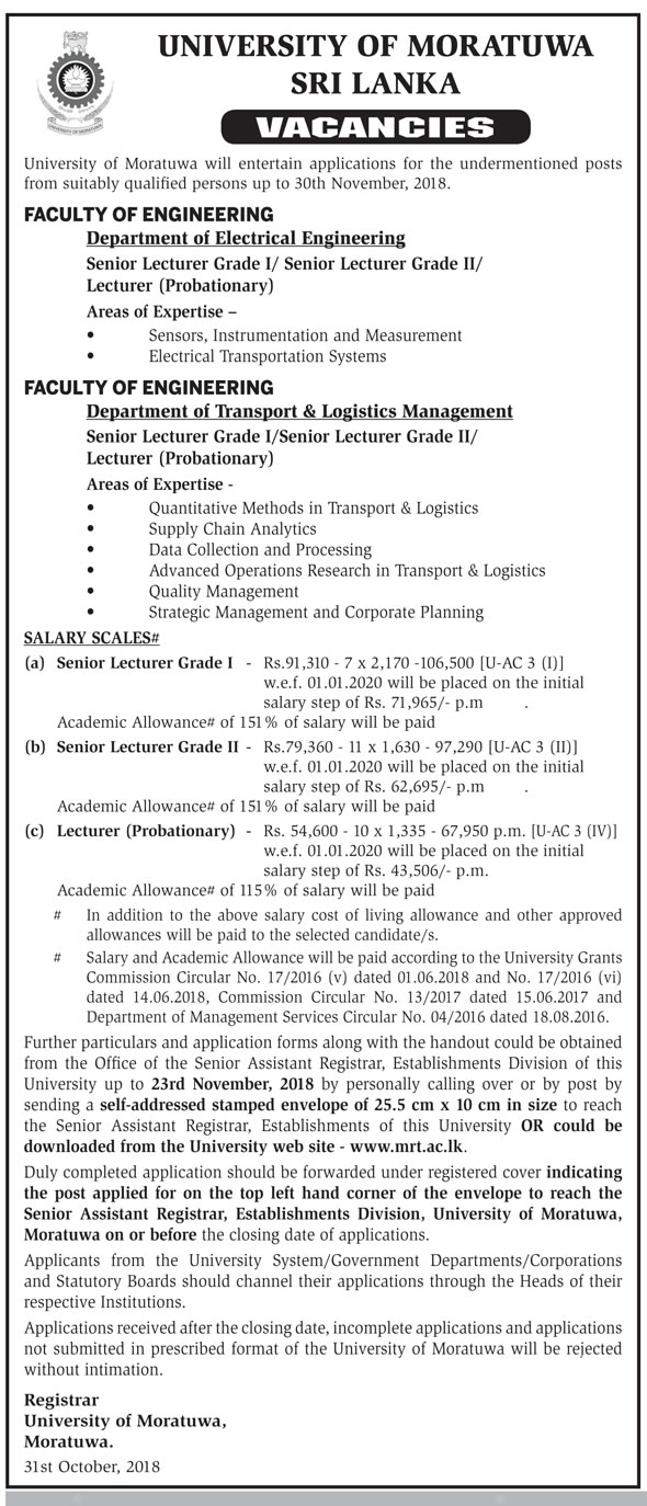 Senior Lecturer, Lecturer - University of Moratuwa